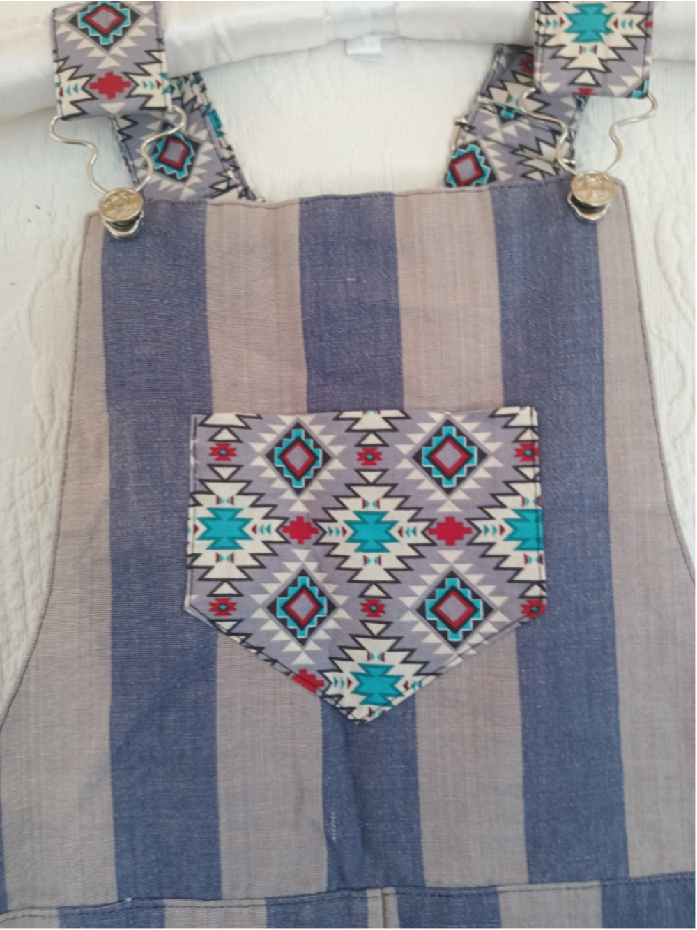 Artsy Western Overalls Slate Blue Beige Stripes Super Wide Leg Boho Trousers MED - Picture 8 of 12